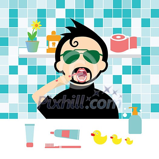 vector man brushing teeth before bedtime vector man brushing teeth before bedtime