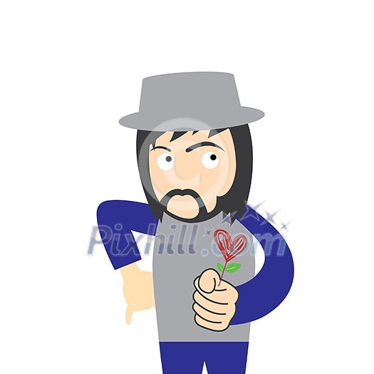 vector cartoon hipster man with red heart flower vector cartoon hipster man with red heart flower