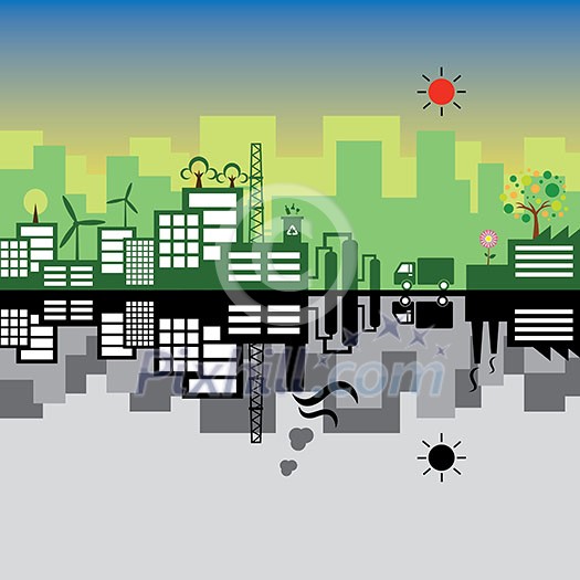 vector green building with windmill and dirty building with industry vector green building with windmill and dirty building with industry