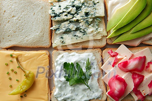 Close up of set of different snacks with cheese Close up of set of different snacks with cheese