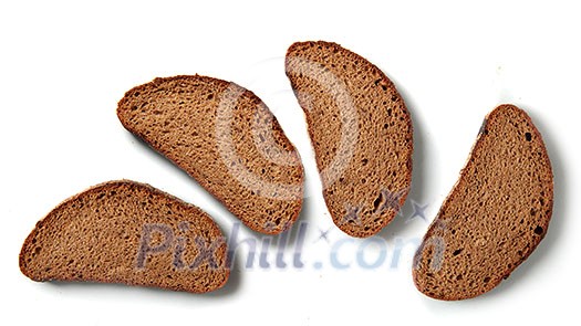 Top view of four slices of brown bread isolated on white background. Loaf of sliced bread for making sandwiches for snack. Breakfast, lunch, dinner concepts. Top view of four slices of brown bread isolated on white background. Loaf of sliced bread for making sandwiches for snack. Breakfast, lunch, dinner concepts.