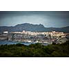 Sunset over the Old Town of Bonifacio, the limestone cliff, South Coast of Corsica Island, France