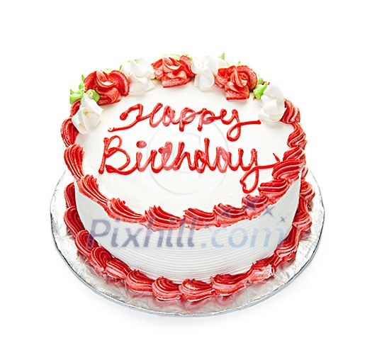 Birthday cake with white and red icing isolated on white Birthday cake with white and red icing isolated on white
