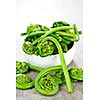 Fresh spring wild fiddleheads in a bowl