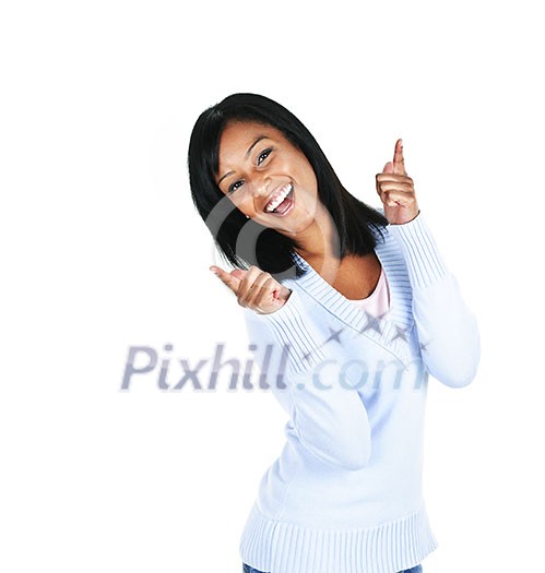 Smiling black woman pointing up isolated on white background Smiling black woman pointing up isolated on white background
