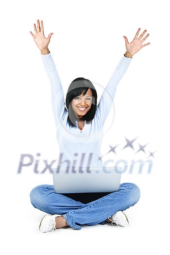 Happy black woman with arms raised and computer isolated on white background Happy black woman with arms raised and computer isolated on white background