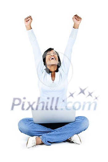 Excited black woman with arms raised and computer isolated on white background Excited black woman with arms raised and computer isolated on white background