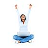 Excited black woman with arms raised and computer isolated on white background
