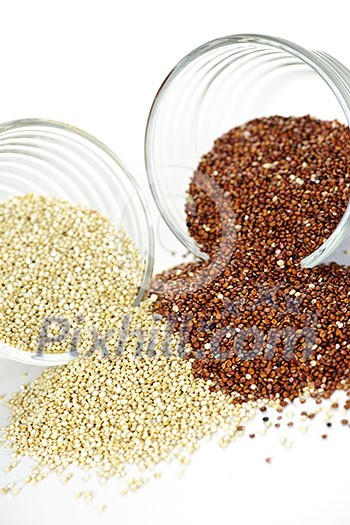 Red and white quinoa grain in glass bowls on white background Red and white quinoa grain in glass bowls on white background