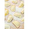 Uncooked ravioli pasta prepared and ready for cooking from above