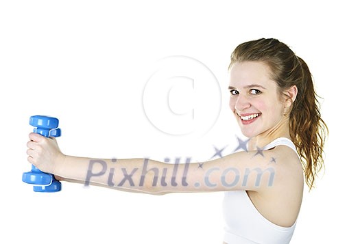 Happy healthy fit young woman lifting weights for fitness exercise Happy healthy fit young woman lifting weights for fitness exercise
