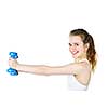 Happy healthy fit young woman lifting weights for fitness exercise