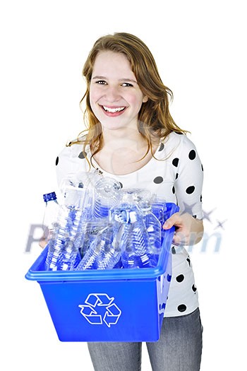 Smiling young woman holding full recycling box isolated on white Smiling young woman holding full recycling box isolated on white