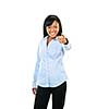 Smiling black woman pointing finger at camera isolated on white background