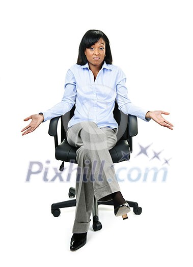 Young shrugging confused black businesswoman sitting in leather office chair Young shrugging confused black businesswoman sitting in leather office chair