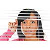 Young black woman looking through horizontal venetian blinds