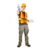 Male construction worker directing with hand signals in vest and hard hat