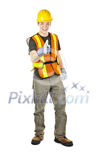 Smiling male construction worker showing thumbs up in safety vest and hard hat Smiling male construction worker showing thumbs up in safety vest and hard hat