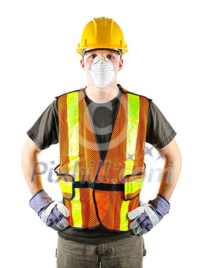 Male construction worker wearing safety protective gear Male construction worker wearing safety protective gear