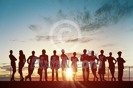 Silhouette of business people of different professions on sunset background