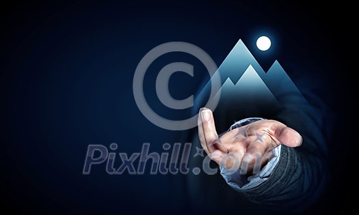 Close up of businesswoman hand holding digital icon in palm Close up of businesswoman hand holding digital icon in palm