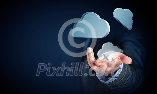 Close view of businessman showing cloud icons in palm Close view of businessman showing cloud icons in palm