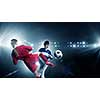 Kid boy and girl on soccer stadium fighting for ball
