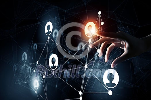 Close up of businesswoman touching with finger network concept on screen Close up of businesswoman touching with finger network concept on screen