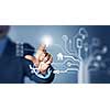 Close up of businessperson touching icon of cloud computing concept