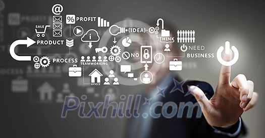 Close up of businessman touching icon of media screen Close up of businessman touching icon of media screen