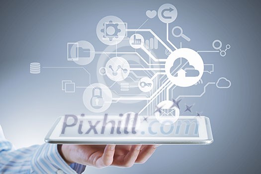 Close up of businessperson using tablet representing cloud computing concept Close up of businessperson using tablet representing cloud computing concept