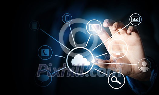 Close up of businessperson touching icon of cloud computing concept Close up of businessperson touching icon of cloud computing concept