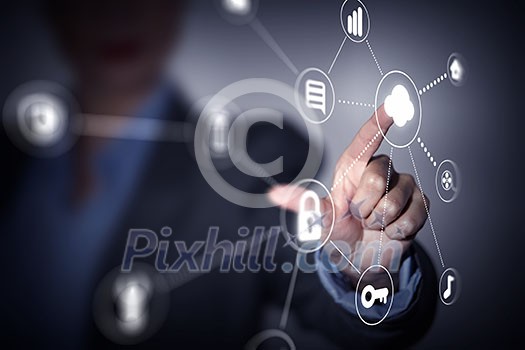 Close up of businessperson touching icon of cloud computing concept Close up of businessperson touching icon of cloud computing concept
