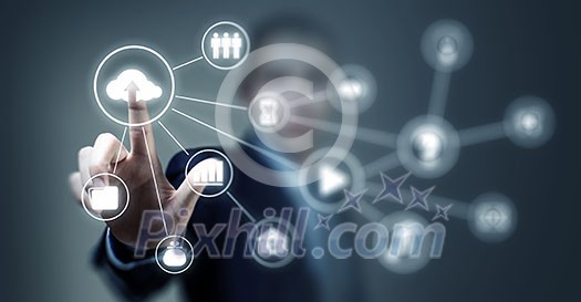 Close up of businessperson touching icon of cloud computing concept Close up of businessperson touching icon of cloud computing concept