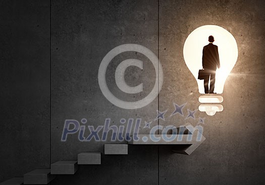 Back view of businessman standing on ladder and big idea bulb Back view of businessman standing on ladder and big idea bulb