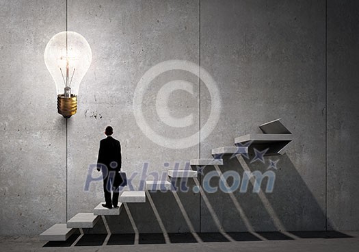 Back view of businessman standing on ladder and big idea bulb Back view of businessman standing on ladder and big idea bulb