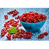 Redcurrant red currant berries  in bowl on kitchen table