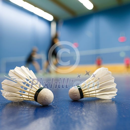 badminton - badminton courts with players competing; shuttlecocks in the foreground (shallow DOF; color toned image) badminton - badminton courts with players competing; shuttlecocks in the foreground (shallow DOF; color toned image)