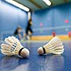 badminton - badminton courts with players competing; shuttlecocks in the foreground (shallow DOF; color toned image)