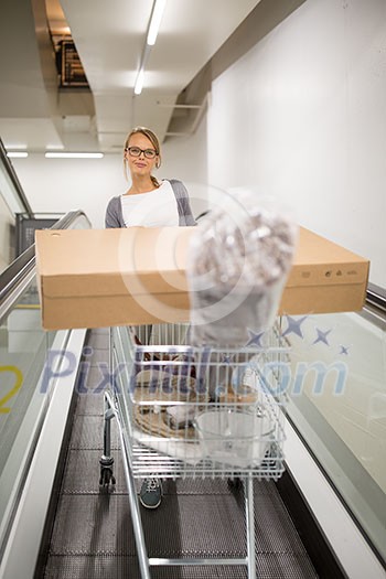 Pretty, young woman choosing the right furniture for her apartment in a modern home furnishings store - with a trolley, done shopping, leaving the store, going home with the purchased goods(color toned image; shallow DOF)