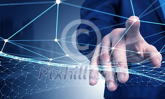 Businessman hand touching with finger digital connection lines on virtual screen Businessman hand touching with finger digital connection lines on virtual screen