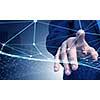 Businessman hand touching with finger digital connection lines on virtual screen