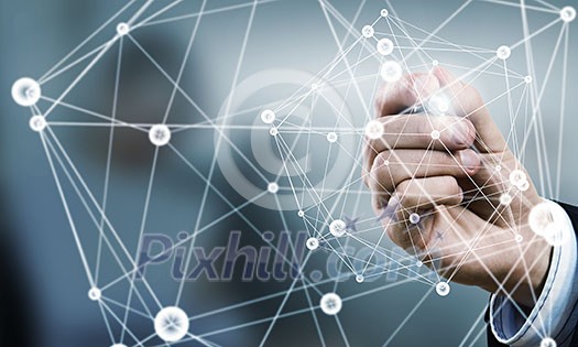 Businessman hand drawing digital connection lines on virtual screen Businessman hand drawing digital connection lines on virtual screen
