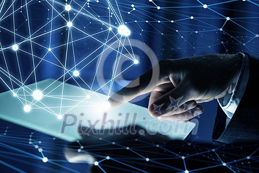 Businessman hand holding virtual panel representing net connection Businessman hand holding virtual panel representing net connection