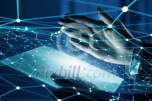 Businessman hand holding virtual panel representing net connection Businessman hand holding virtual panel representing net connection