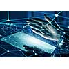 Businessman hand holding virtual panel representing net connection
