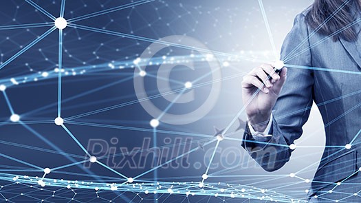 Businesswoman hand drawing digital connection lines on virtual screen Businesswoman hand drawing digital connection lines on virtual screen