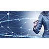 Businesswoman hand drawing digital connection lines on virtual screen