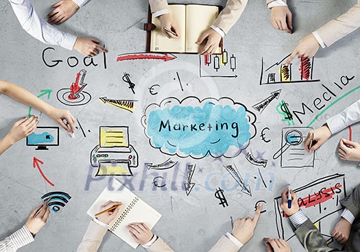 Top view of people hands drawing marketing teamwork strategy Top view of people hands drawing marketing teamwork strategy