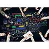 Top view of people hands drawing business teamwork strategy